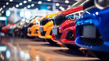 A row of colorful cars at a dealership with a focus on the vibrant front bumpers, showcasing designs and details photo