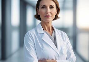 AI generated A confident female doctor stands in a hospital, wearing a white coat, symbolizing professionalism and expertise in healthcare photo