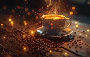 AI generated A warm, inviting cup of coffee emits steam on a rustic wooden table amidst scattered coffee beans, with a bokeh light backdrop photo