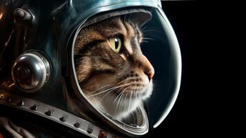 AI generated A cat in an astronaut helmet gazes into space, with cosmic backgrounds of stars and nebulae. The image displays a creative blend of sci-fi and pet themes photo