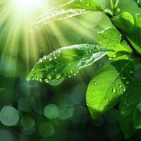 AI generated Sunlight filters through green leaves dotted with water droplets, casting rays of light in a tranquil forest scene photo