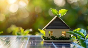 AI generated A model house with a green leaf on the roof is placed next to solar panels with a bright, sunlit background, symbolizing eco-friendly energy solutions for smart homes photo