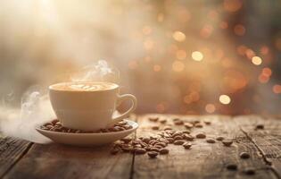 ai generado un cálido, atractivo taza de café emite vapor en un rústico de madera mesa en medio de dispersado café frijoles, con un bokeh ligero fondo foto