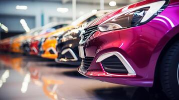 ai generado un de cerca ver de un brillante rojo coche en un sala de exposición con otro vehículos en el antecedentes. el atención es en el frente faro y reja zona foto