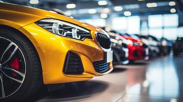 AI generated A lineup of colorful luxury cars in a show room, showcasing a prominent yellow car in front with a focus on the headlight and grille photo