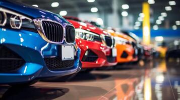 A row of colorful cars at a dealership with a focus on the vibrant front bumpers, showcasing designs and details photo