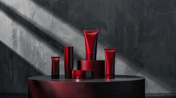 AI generated A collection of red cosmetic packaging mockups on a gray platform with shadow patterns cast on a light background. Mockup, template photo