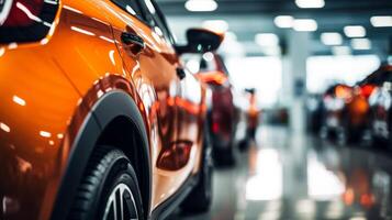 AI generated A close-up view of a shiny red car in a showroom with other vehicles in the background. The focus is on the front headlight and grille area photo