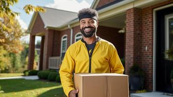 ai generado un alegre entrega hombre en un amarillo uniforme con un gorra sonrisas, participación un paquete, Listo a hacer un peldaño entrega en un residencial zona foto