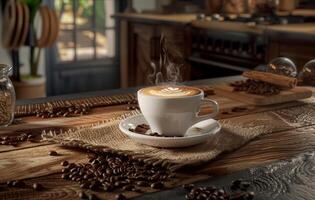 AI generated A steaming cup of coffee with latte art on a saucer decorated with coffee beans, on a rustic wooden table in a cozy kitchen setting photo