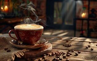 AI generated A steaming cup of coffee with latte art on a saucer decorated with coffee beans, on a rustic wooden table in a cozy kitchen setting photo