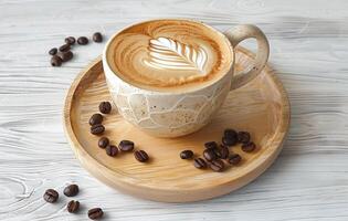 AI generated A top-down view of a cup of latte with artistic foam, surrounded by coffee beans on a wooden tray and white textured surface photo