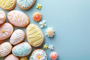 AI generated easter iced cookies in egg shapes and bunny shapes, festive Easter dessert, space for text photo