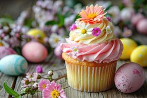 AI generated Easter cupcakes festive Easter dessert, decorated with mini eggs, spring flowers, space for text photo