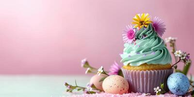 AI generated Easter cupcakes festive Easter dessert, decorated with mini eggs, spring flowers, space for text photo