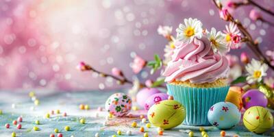 AI generated Easter cupcakes festive Easter dessert, decorated with mini eggs, spring flowers, space for text photo