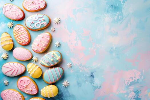 AI generated easter iced cookies in egg shapes and bunny shapes, festive Easter dessert, space for text photo