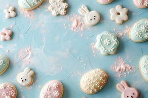 AI generated easter iced cookies in egg shapes and bunny shapes, festive Easter dessert, space for text photo