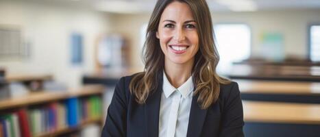AI generated Woman Smiling in Library photo