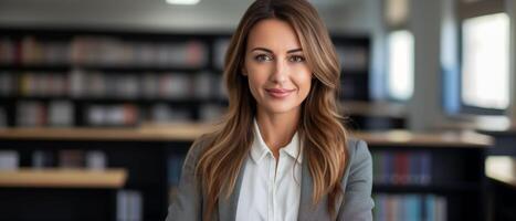 AI generated Woman Standing in Front of Bookshelf photo