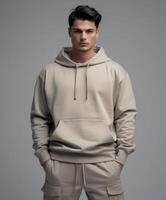 AI generated Man in Beige Hoodie and Cargo Pants photo