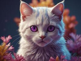 ai generado un blanco gato con púrpura ojos sentado en el medio de flores foto