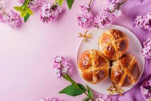 ai generado Pascua de Resurrección horneado caliente cruzar bollos festivo Pascua de Resurrección postre, mini huevos, primavera flores, espacio para texto foto