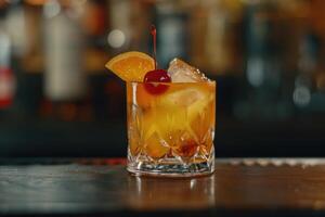 AI generated Alcoholic old fashioned cocktail with orange slice, cherry and orange peel garnish photo