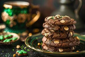 AI generated St. Patrick Day gingerbread sugar cookies decorated with trefoil, green glazed clover photo