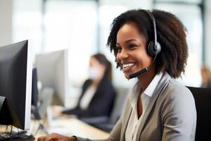 AI generated Woman Wearing Headset Working on Computer photo