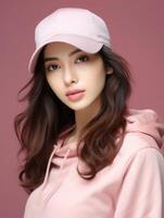 ai generado mujer en rosado capucha y blanco sombrero foto