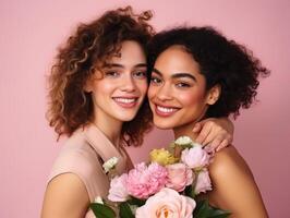 AI generated Two Women Hugging and Holding Bouquet of Flowers photo