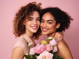 ai generado dos mujer abrazando y participación ramo de flores de flores foto