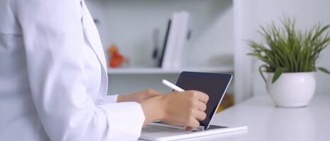 AI generated Scientist in White Lab Coat Typing on Laptop photo