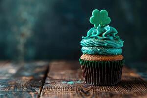 AI generated festive St. Patrick Day dessert, cupcake decorated with shamrock, coins, space for text photo