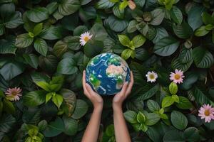 AI generated close up Hands holding earth globe, leaves and flowers on background, space for text, earth day photo