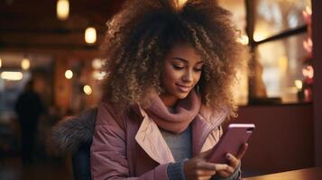 AI generated Woman Using Cell Phone at Table photo