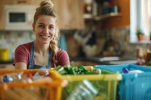 AI generated woman sorting waste. Sorting garbage. rubbish recycling. conscious lifestyle, social responsibility photo