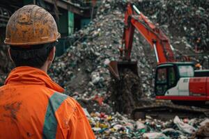 AI generated worker looking at an excavator unloading garbage at waste sorting plant photo