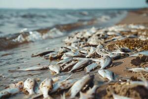 AI generated environmental impact industrial activity, Oil wastewater is spilling on beach, dead fishes on shore photo