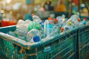 AI generated recyclable plastic bottles in garbage bin environment. Waste separation. Sorting garbage photo