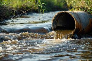 ai generado agua contaminación, ambiente contaminación. contaminado agua, sucio aguas residuales fluye desde tubo foto