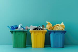 ai generado residuos clasificación basura papeleras, basura latas clasificación basura. ecología basura reciclaje foto
