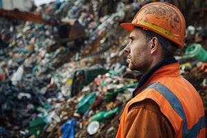 ai generado trabajador mirando a un excavador descarga basura a residuos clasificación planta foto