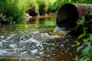 ai generado agua contaminación, ambiente contaminación. contaminado agua, sucio aguas residuales fluye desde tubo foto