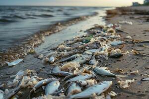 ai generado ambiental impacto industrial actividad, petróleo aguas residuales es derramar en playa, muerto peces en apuntalar foto