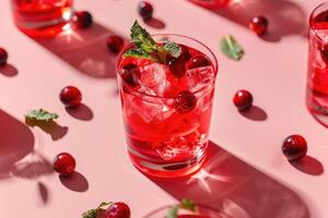 AI generated cranberry cocktail with mint garnish on light background photo
