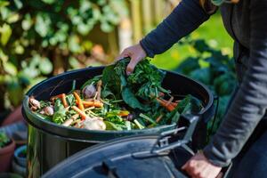 AI generated Composting kitchen vegetable scraps food waste for recycling, environmentally responsible compost photo