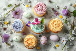 AI generated Easter cupcakes festive Easter dessert, decorated with mini eggs, spring flowers, space for text photo