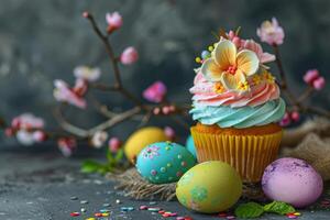 AI generated Easter cupcakes festive Easter dessert, decorated with mini eggs, spring flowers, space for text photo